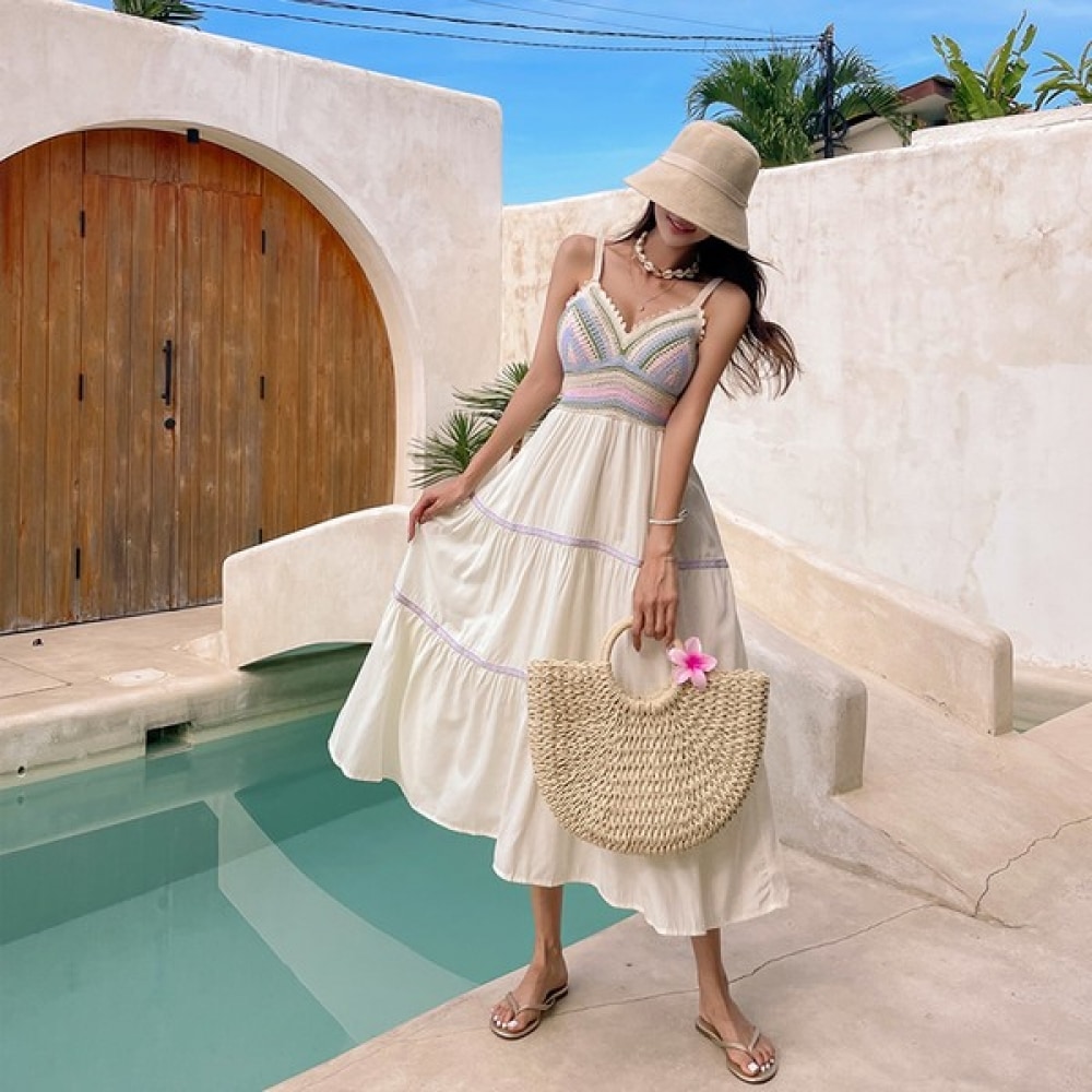 (Vivarup) ムードニットビーチドレス OP19918F かぎ針編みナシサマードレスパステルイノセントラブリーバケーションルック