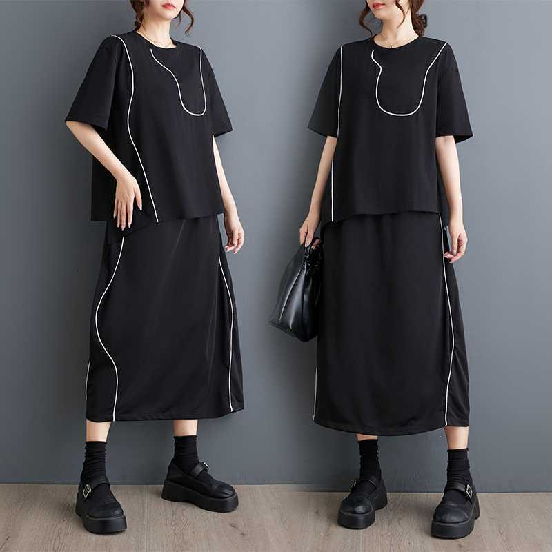 「ファットガール」 2024夏今週の割引は 25% オフです新品 上下セット Tシャツ+スカート 大きいサイズ 体型カバー ゴム レディース 半袖 セットアップ メガ割