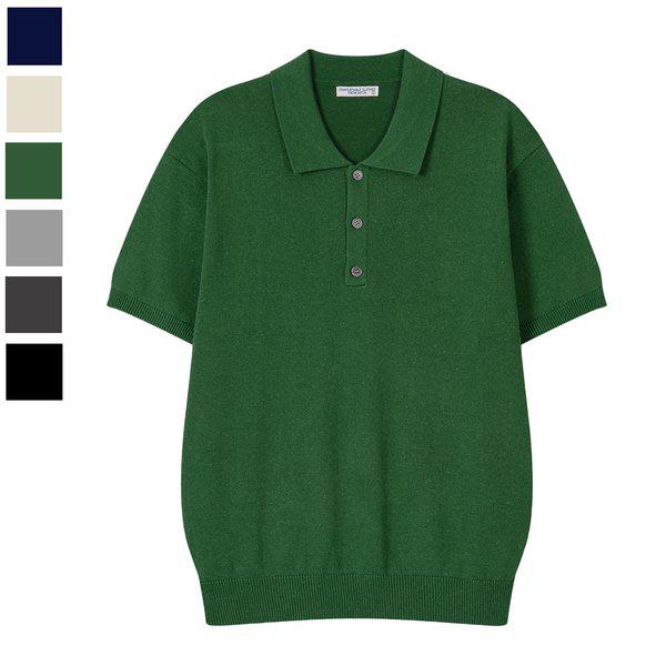 メンズ イズ リネン カラネック 短冊 半袖 ニットTシャツ AS-KNH-Q033-グリーン