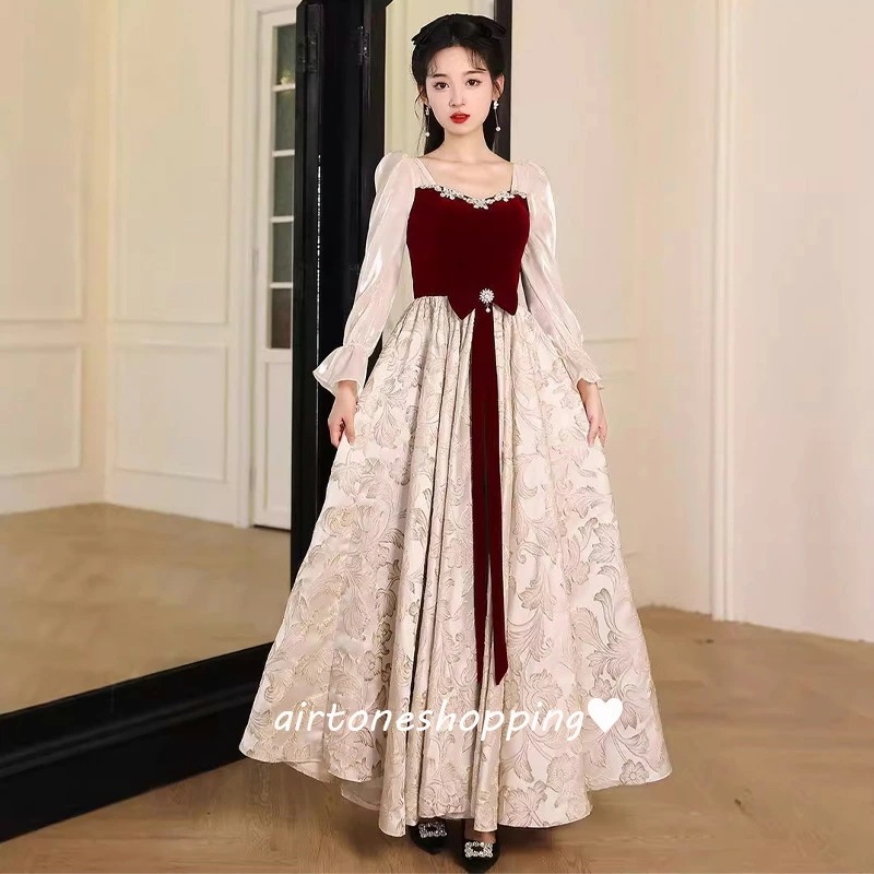 結婚式ドレス 二次会ドレス ワイン赤 ブラック ベロア ベルベット サテン 成人式ドレス 同窓会 謝恩会　ワインレッド 黒 パフスリーブ 可愛い ロングドレス イブニングドレス パーティードレス リボ