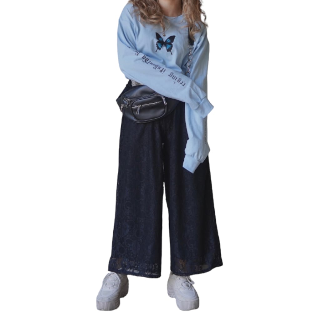 Blue Butterfly Slogan Sleeve Big L/S TEE A,D,G レディース トップス