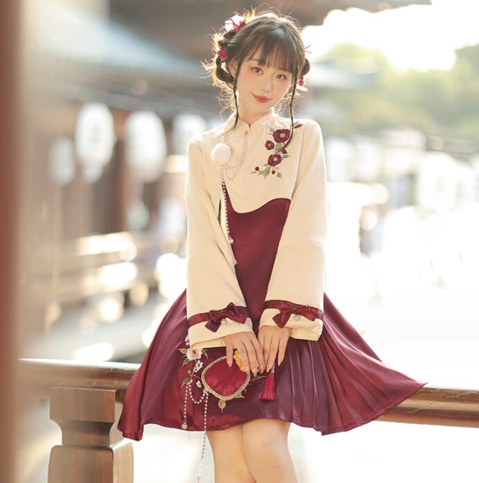レディース 新年祝い ロリータ服 元日 プレゼント 中華風 ロリータ服 キャミソールドレス コート チャイナ服 秋冬 コスプレ衣装 漢風ドレス 改良版漢服 文化祭 イベント コスチューム 刺繍付き