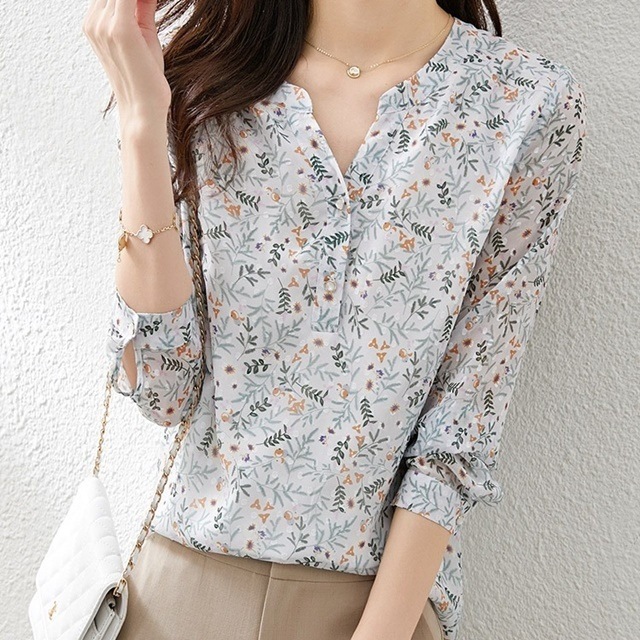 正規逆輸入品 長袖シャツ トップス レディース ブラウス 花柄 襟なし 長袖 袖あり カラー グリーン シャツ ブラウス サイズ L Www Pulse Orange Cm
