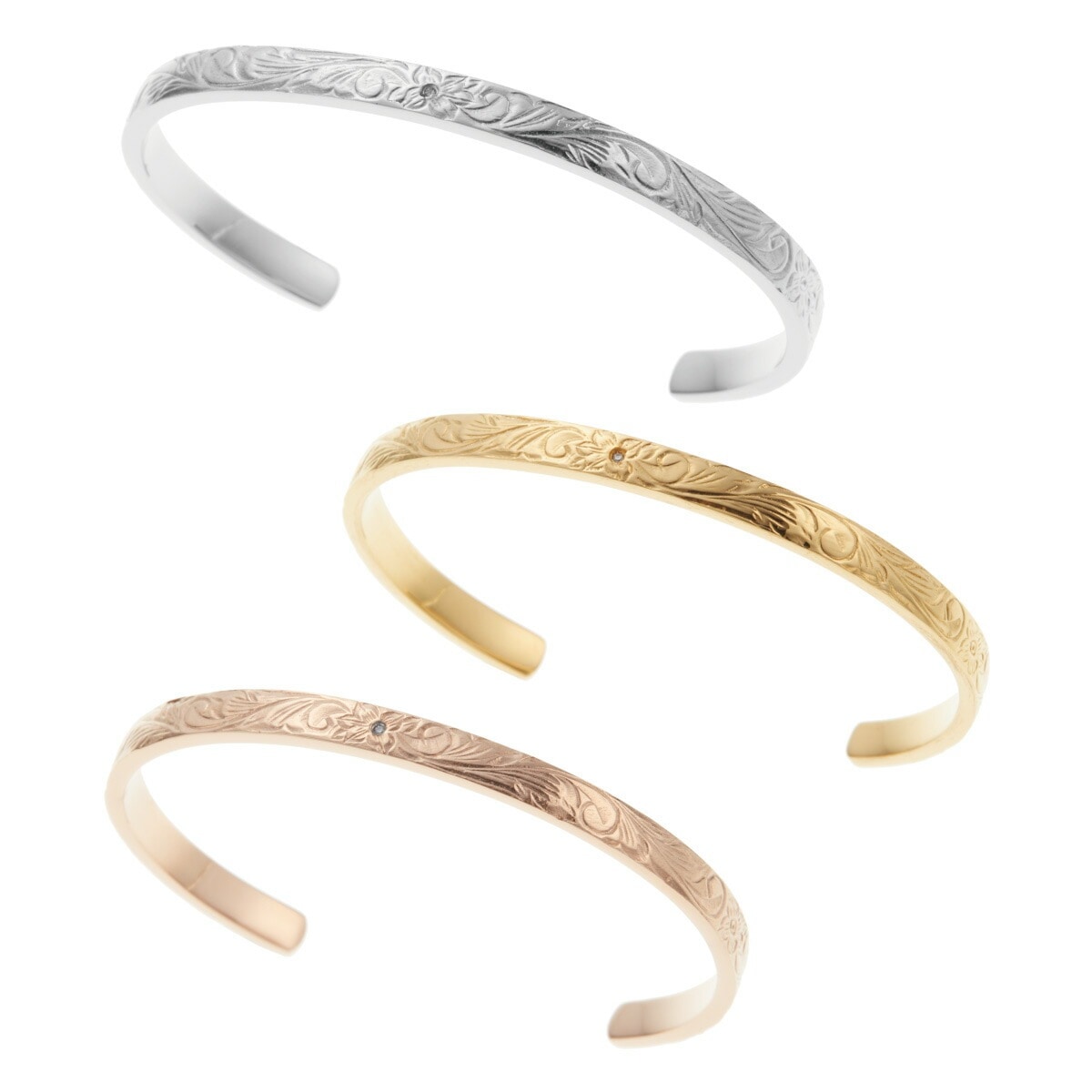 バングル ハワイアンジュエリー サージカルステンレス キュービックジルコニア プルメリア スクロール