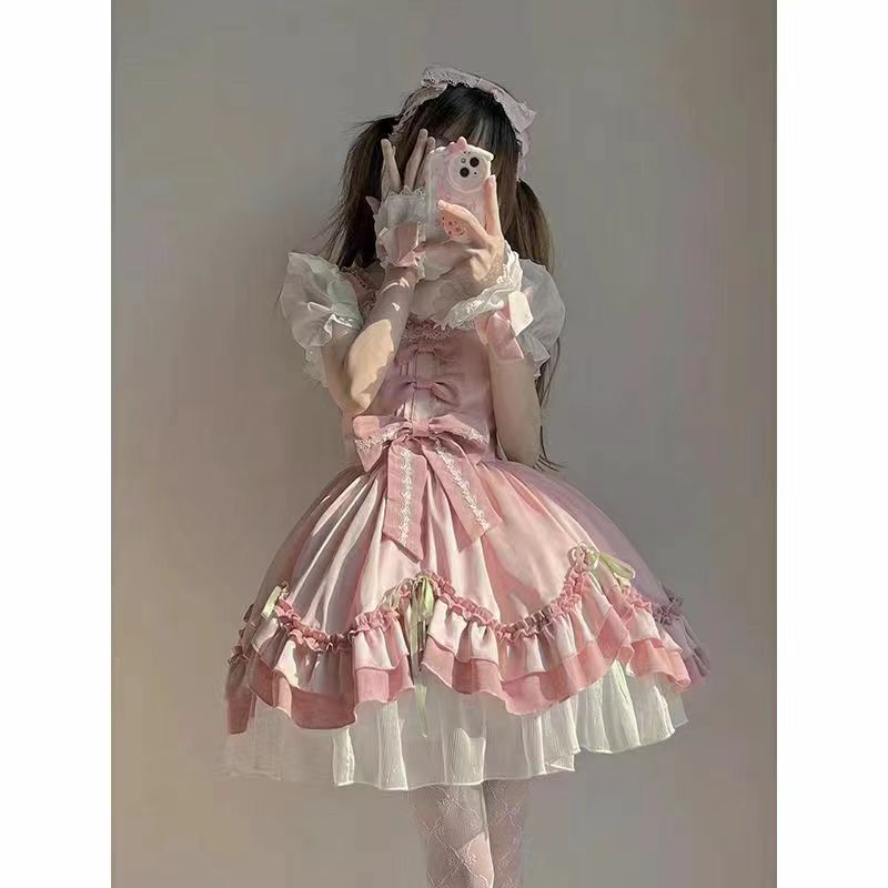 Hot!!!ピンク可愛いロリータ花嫁優しい洋服ロリータ優しい女の子お嬢様スカートワンピース系