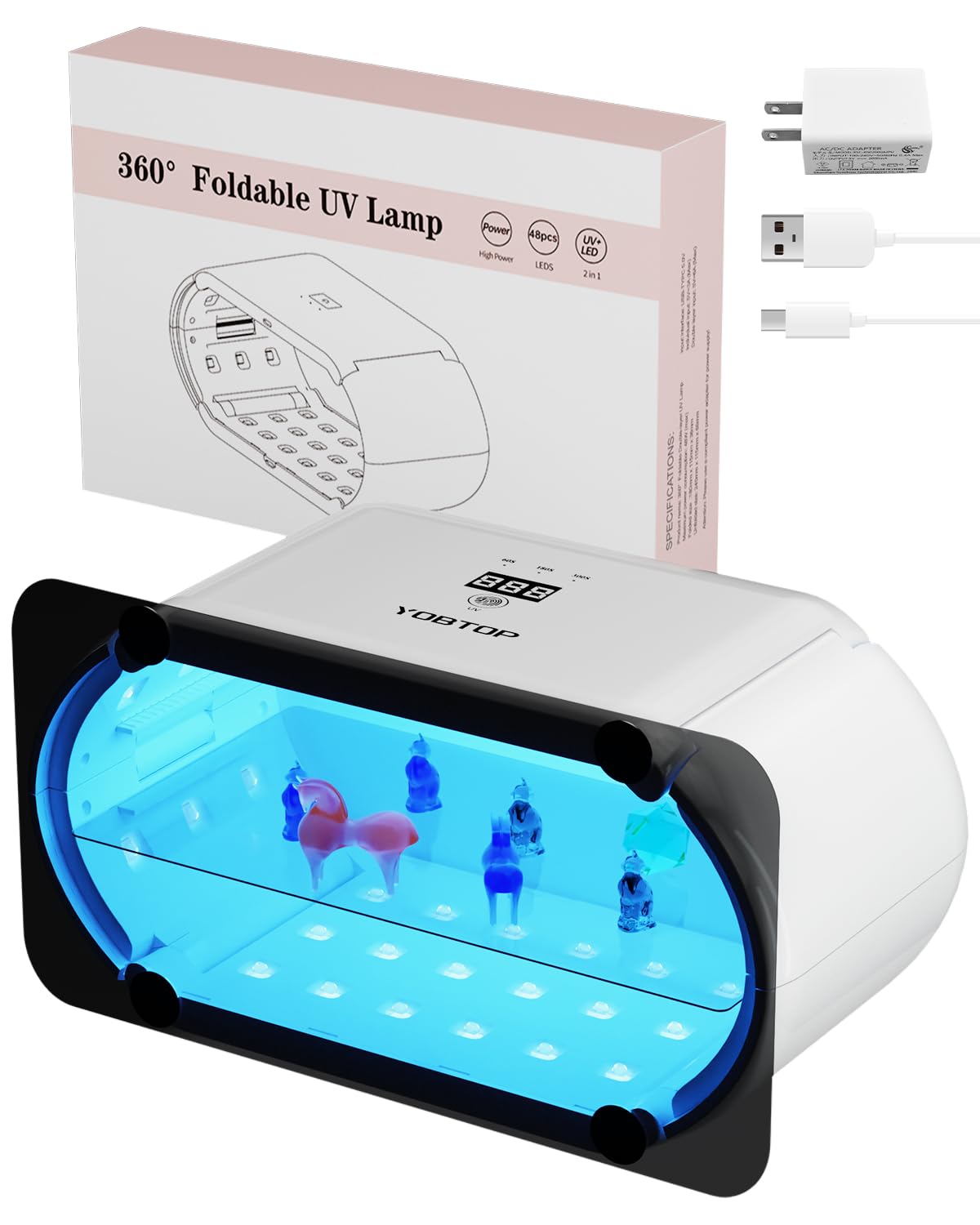 YOBTOP【最新2025】UVライト 2in1 - 両面照射360度光源・48W長時間タイマー設定（60秒～600秒）48個のLED搭載デジタル表示UVライト レジン用＆DIYクラフト・ジ