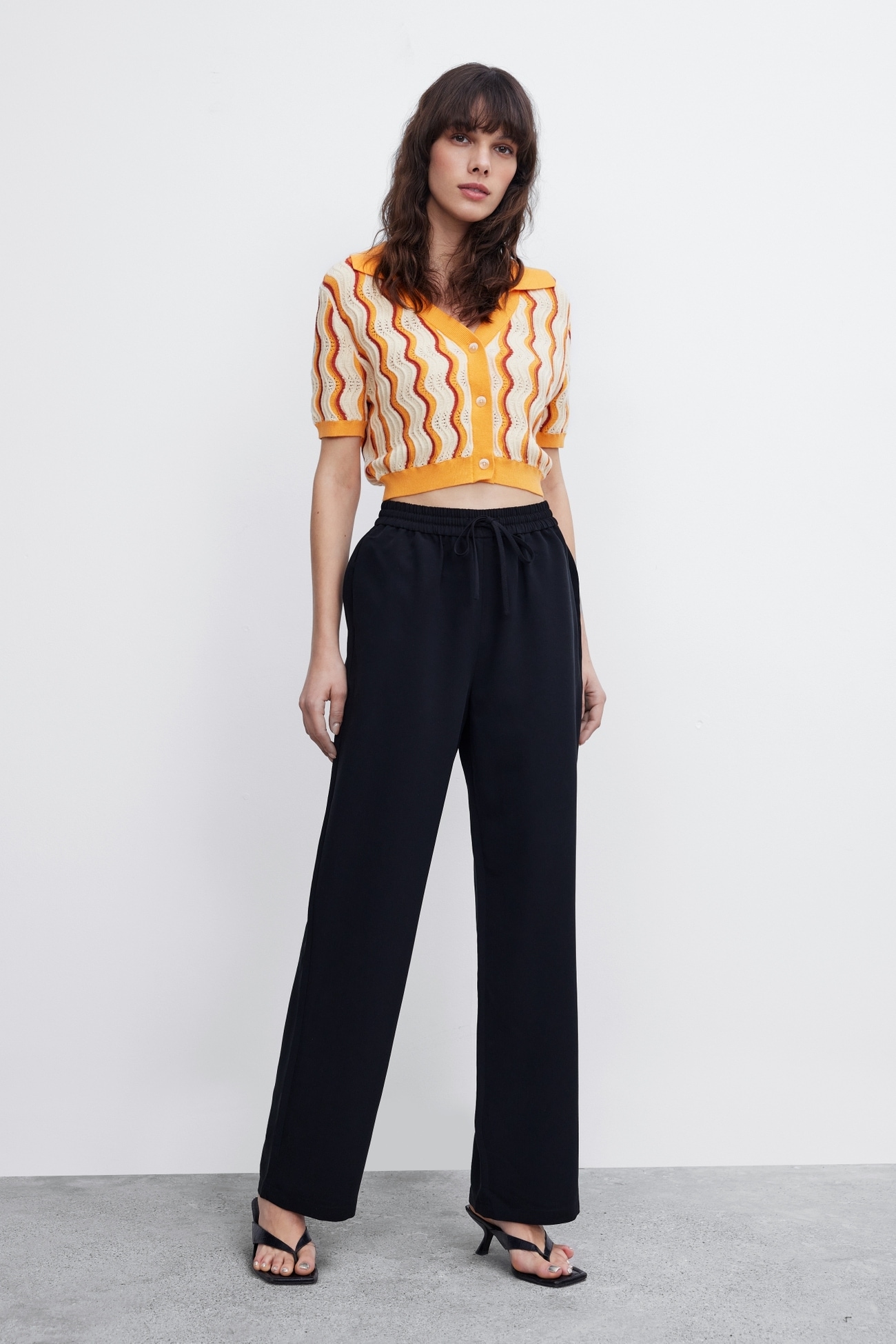 春 夏 婦人服 アメリカン レトロ ウェーブ ストライプ Vネック ニットジャケット カジュアル 派手 華やか オレンジ S M L XL 個性的 トップス Tシャツ シャツ 袖あり 長袖 かわいい