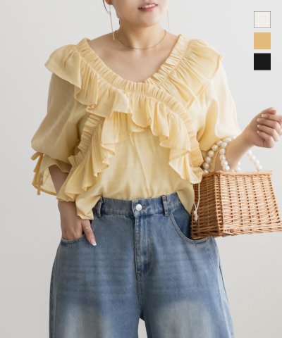 大きいサイズ レディース LL 3L 4L XL XXL XXXL CLETTEオリジナルクロスフリル2WAYブラウス