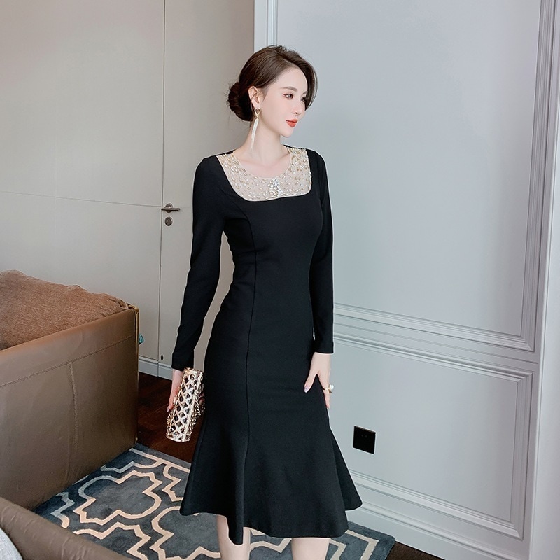 【Fellow 20％割】秋 ピーズ飾り マーメイド ワンピース パーティードレス 着痩せ 大人 お呼ばれ 同窓会 披露宴 卒業式 結婚式 ウェディング 二次会 成人式30%までに制限