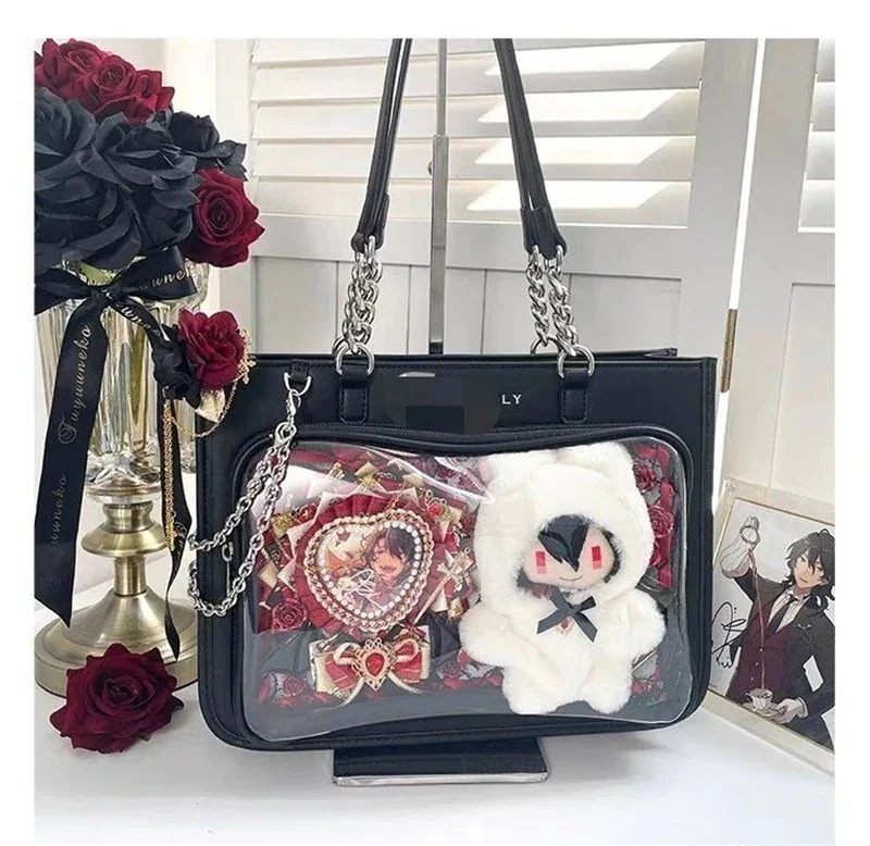 【1つ買うと10つ無料】大人気 新作 痛バッグ 痛バ 斜め掛 メッシュプレート付き ショルダーバッグ トートバッグ　便利 見せバッグ 透明バッグ クリアポケット 大容量 レディース