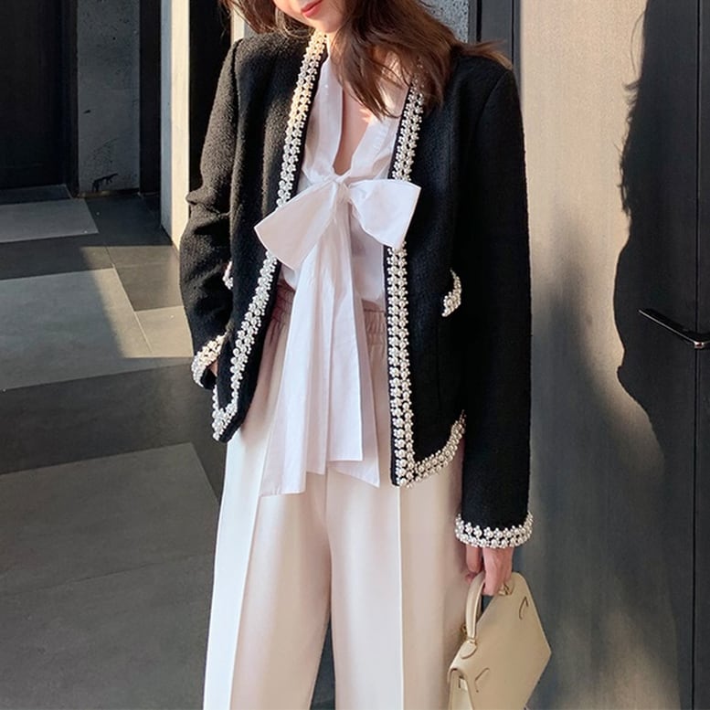 レディース ツイードジャケット パールデザインジャケット ノーカラージャケット アウター