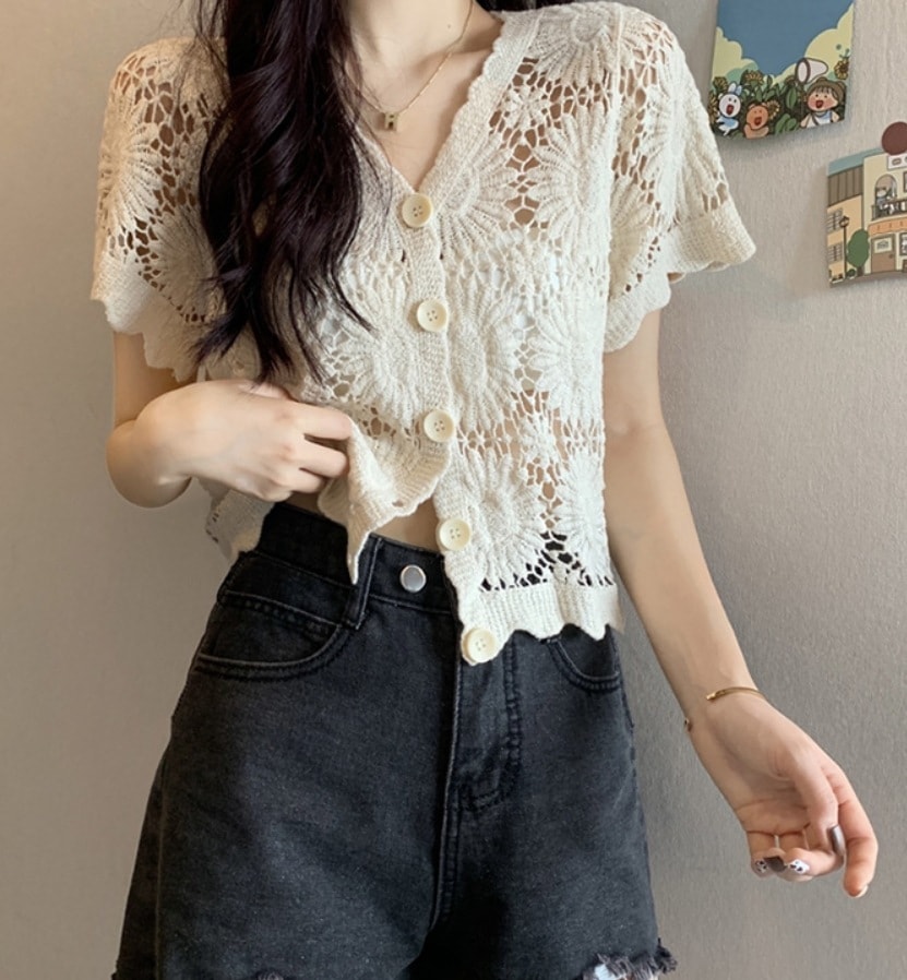 トップス デート モテアイテム かぎ編み カーディガン Vネック シースルー コットン 可愛い きれいめ 上品 おしゃれ かっこいい 可愛い ラブリー キュート ガーリー クール モード系