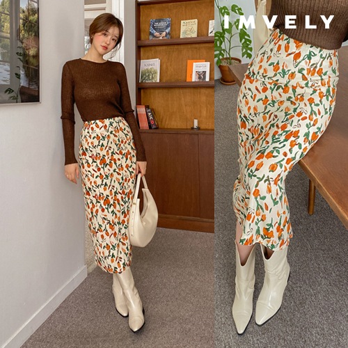 [IMVELY イムブリー公式] 水彩チューリップロングスカート 韓国ファッション