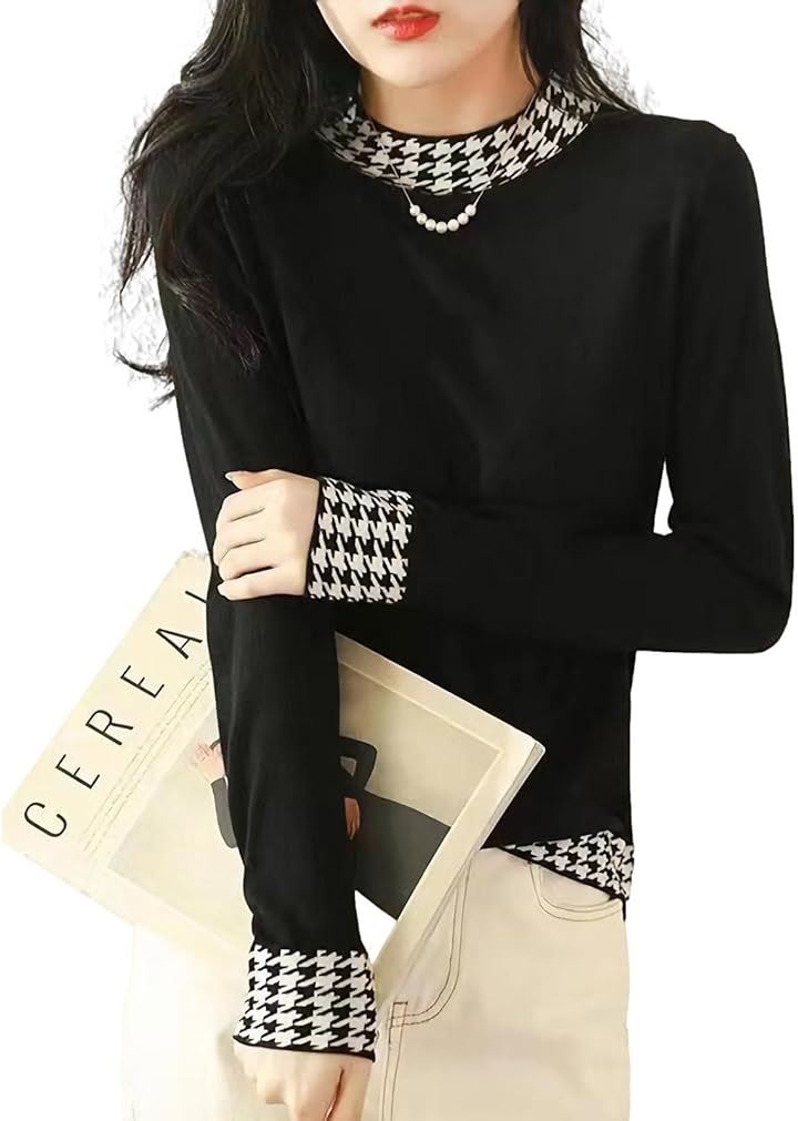 ニットトップス 千鳥柄 モックネック スリムフィット 10分袖 シンプル レディース( ブラック, M)