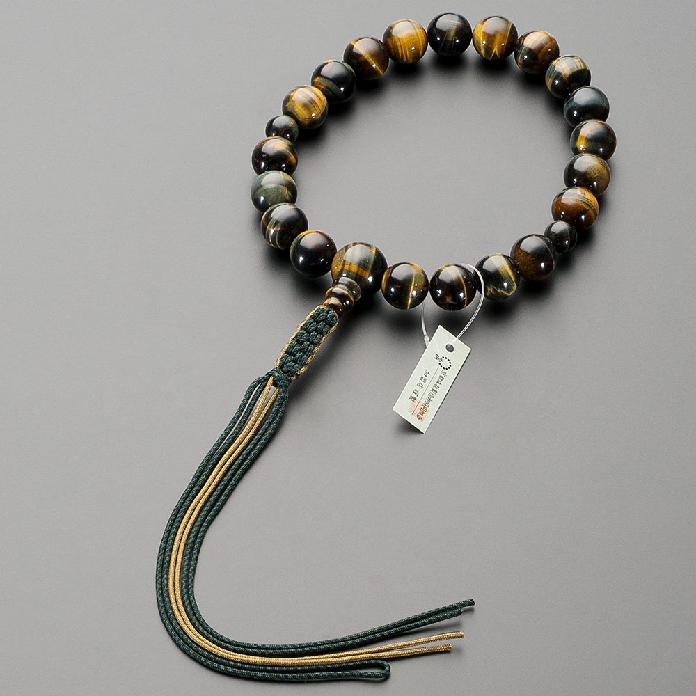 仏壇屋 滝田商店 数珠 浄土真宗 本式数珠 男性用 混合虎目石 20玉 正絹紐房 京念珠・タイガーアイ・門徒・正式数珠 【滝田商店発行 京念珠製造師製作証明書付】