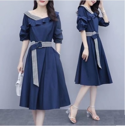 ワンピース フレアワンピース ワンピドレス 膝下 袖あり 5分袖 Vネック ラウンドネック カシュクール フレア 切り替えデザイン ドッキング フリル リボン ベルト ウエストマーク ハイウエスト