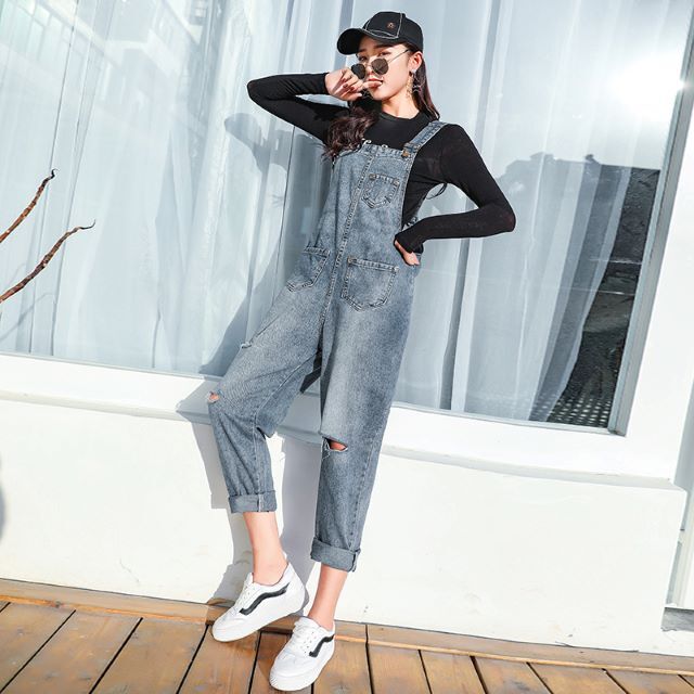 オーバーオール レディース 大きいサイズ サロペット パンツ デニム クラッシュ オールインワン 九分丈 ハイウエスト ポケット付 韓国 青 6,433円