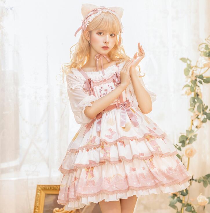 可愛いロリータワンピース ピンク ロリータ服 重ね重ね キャミソール 膝丈ドレス スカラップドレス 萌え萌え 学園祭 文化祭 コスチューム コスプレ衣装 リボン付き S-XL