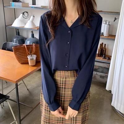 7色展開 シンプルシャツ オフィスカジュアル シフォンシャツ くすみカラー レディース トップス シャツ ブラウス 長袖 ボリューム袖 Vネック 襟付き Iライン 7色展開 シンプルシャツ オフィスカジュアル シフォンシャツ