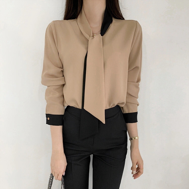 バイカラーブラウス ボウタイ トップス ブラウス 袖あり 長袖 ラウンドネック シフォン かわいい 大人可愛い きれいめ シンプル カジュアル 大人 上品 おしゃれ お洒落 大人可愛い 大人女子