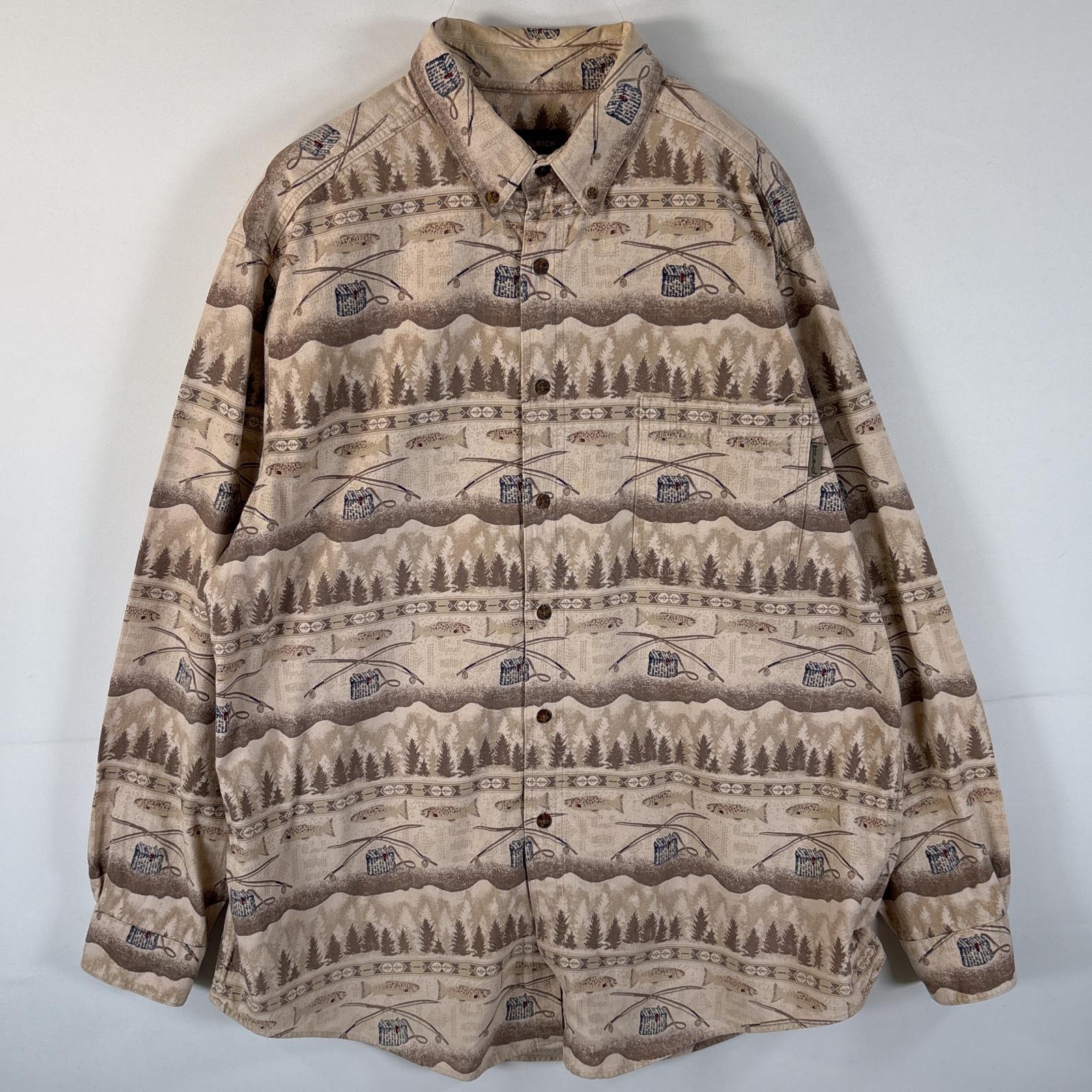 古着 長袖 ボタンダウンシャツ マルチカラー 魚 フィッシュ 総柄 XXL ベージュ系 メンズ
