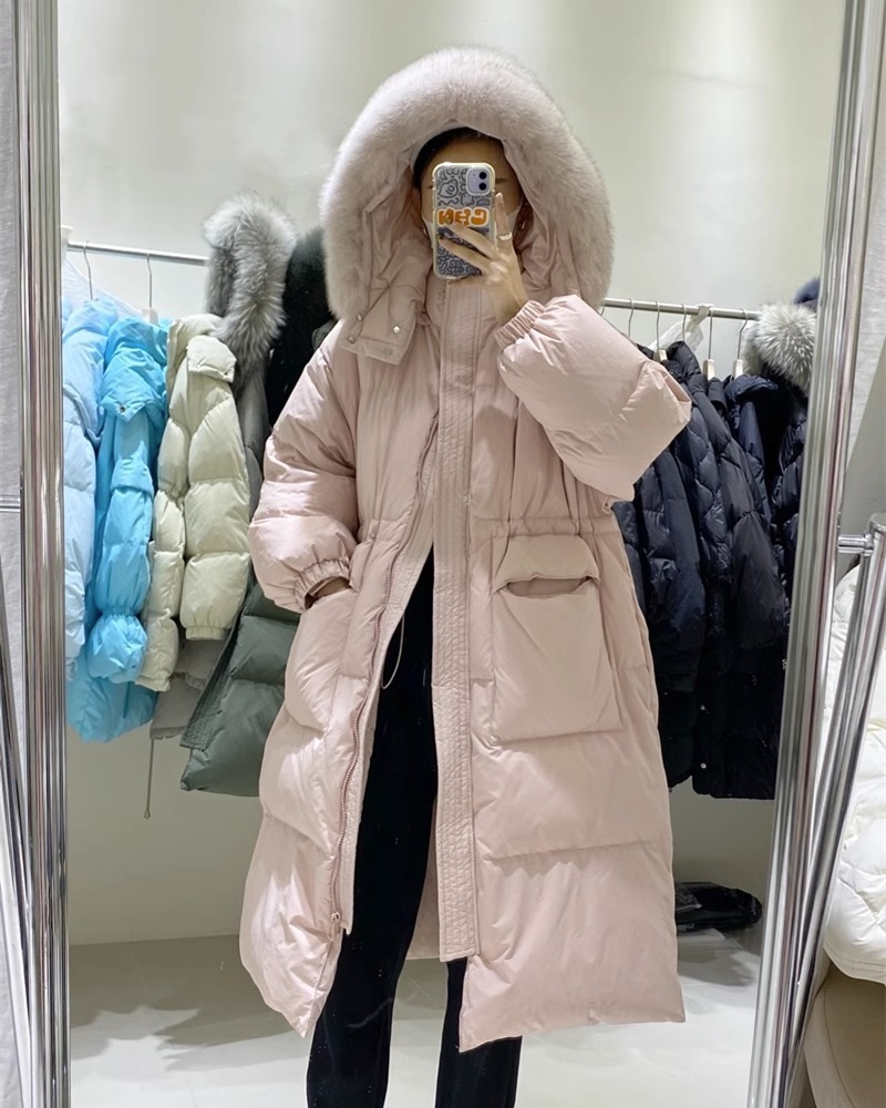 フォックスビッグファー襟ダウンジャケットレディース2025冬風韓国風ゆったりウエスト厚手ホワイトダックダウン膝丈コート