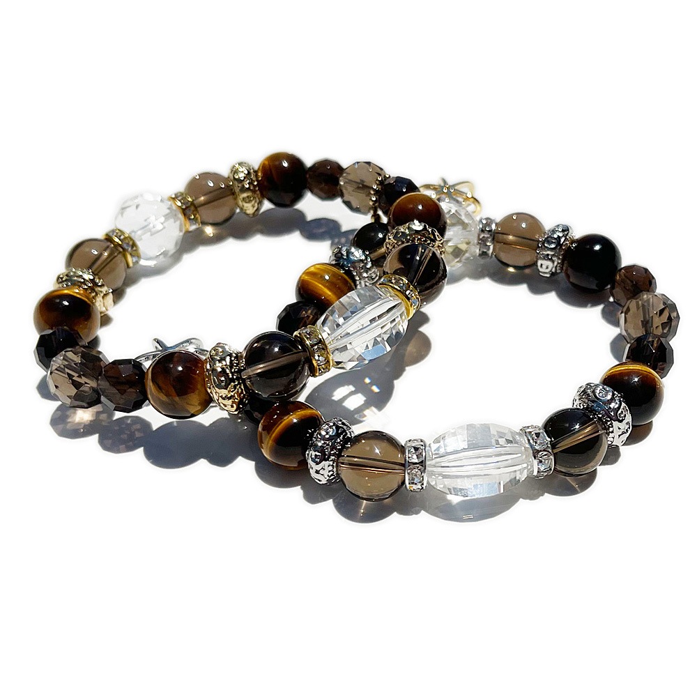 大粒水晶 タイガーアイ スモーキークォーツ チャーム 天然石 ブレスレット