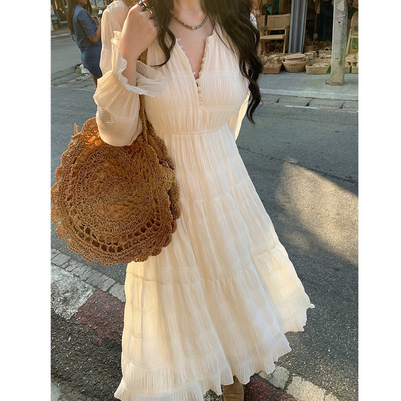 春秋 Vネック 長袖ブラウス ワンピース デザイン感 ハイウェスト ロングスカート 着痩せ 気質