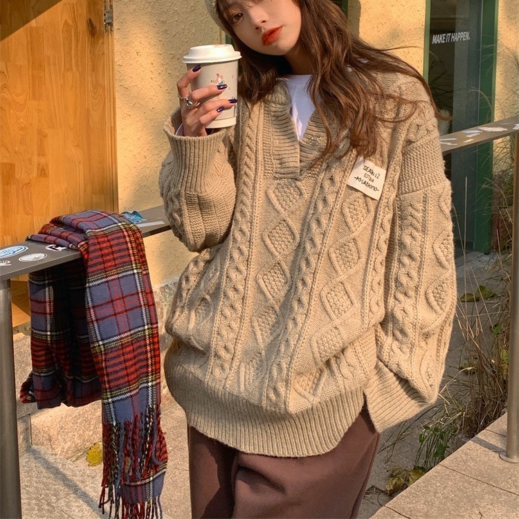 オーバーサイズ 模様編み ダイヤ柄 縄編み キーネック クルーネック トップス セーター