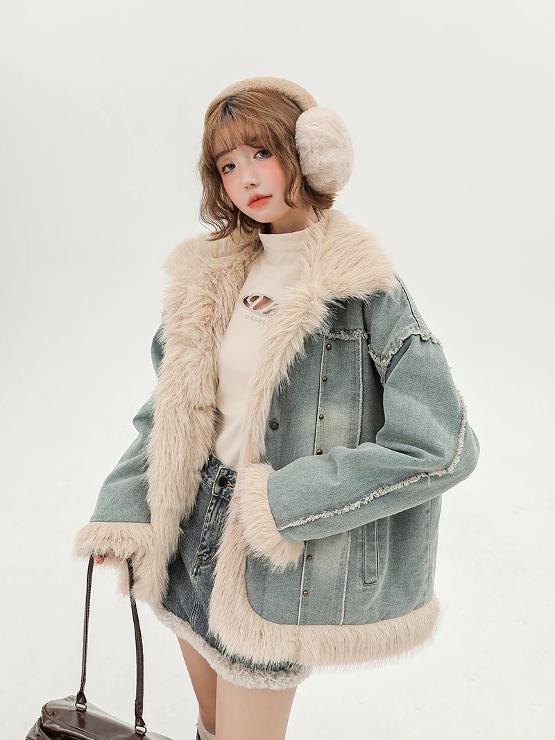 【人気商品超目玉】2026 秋冬ふっくら中綿裹起毛 ファー切り替えデニムジャケットレトロ厚手防寒あったかアウター 暖かい羽織るかわいいフェイクムートン長袖トレンド裏サイズシルエット韓国ファッション加工