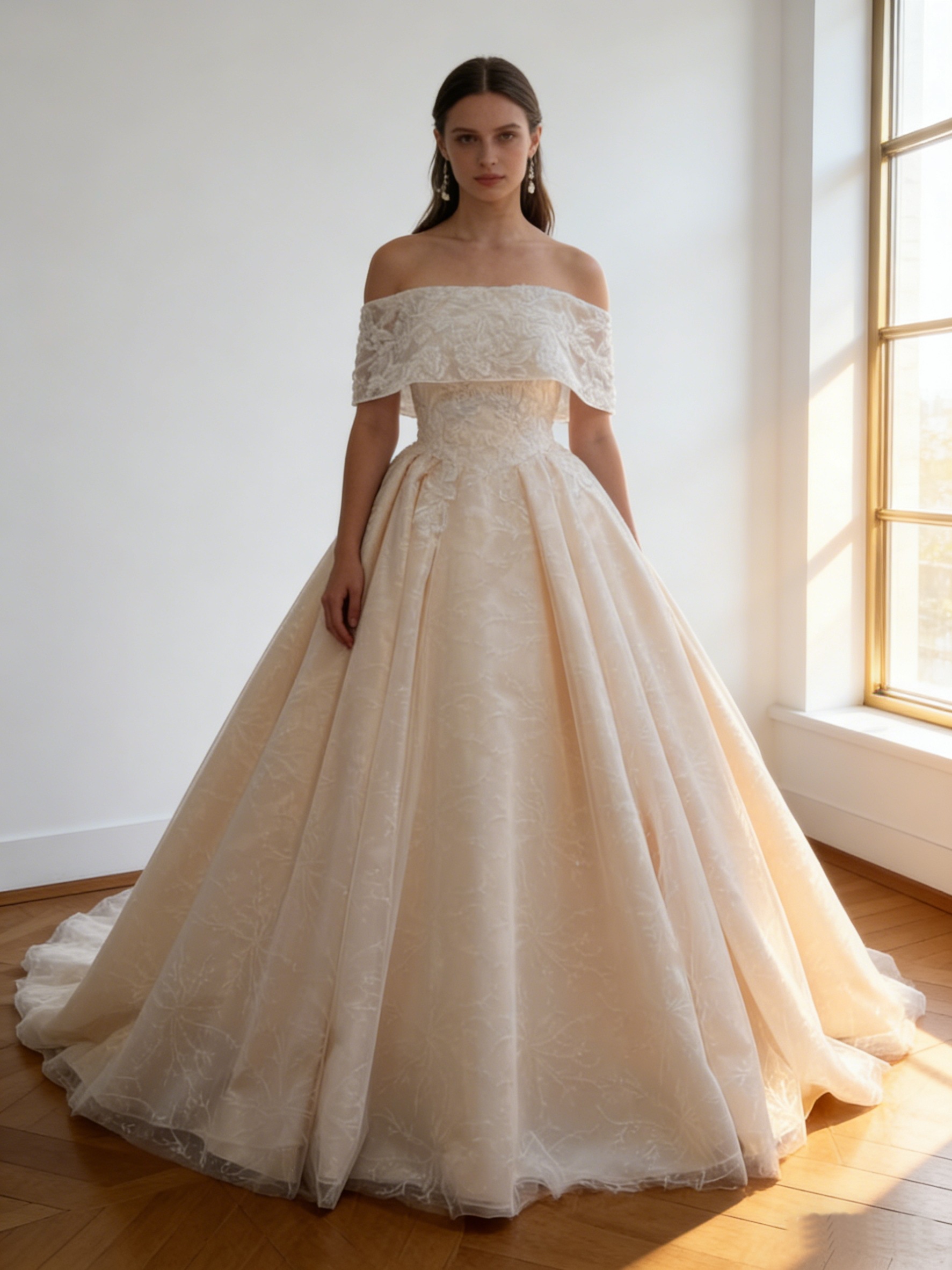 カラードレス あんず色 贅沢な総レース ロールカラー 編み上げ 華やかなトレーン 結婚式