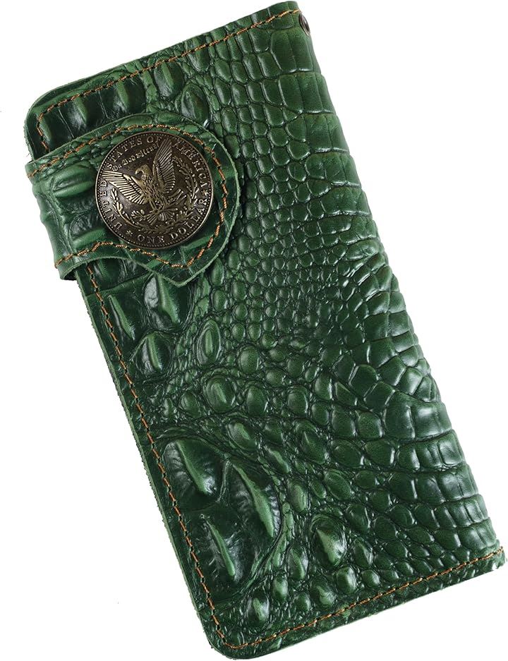 財布 メンズ バイカーズウォレット 長財布 クロコダイル 本革 牛革 クロコ型押し ライダースウォレット レザーウォレット 二つ折り 革財布 メンズ長財布( グリーンxイーグル)
