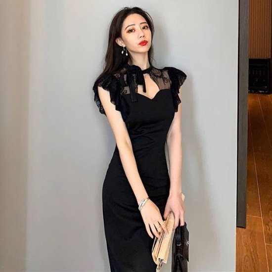 パーティードレス レディース タイトワンピース レース袖 フレンチスリーブ バックレース シアー シースルー リボン Vネック エレガント 結婚式 演奏会 謝恩会 パーティー おしゃれ 披露宴