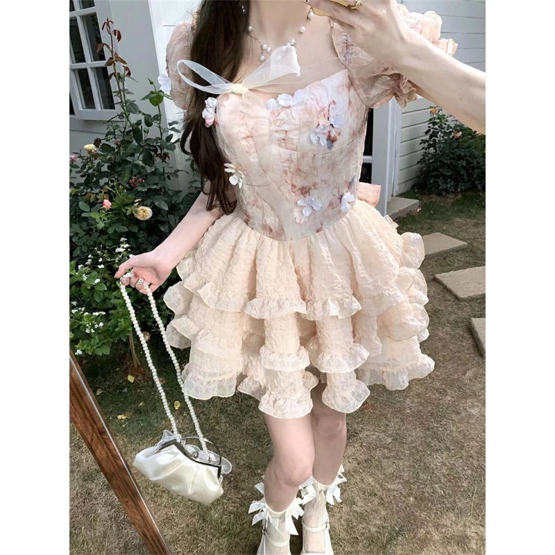 ロリータ 二次元 可憐な花のリボンロリータワンピース夏の新作プリンセスウエストスカート