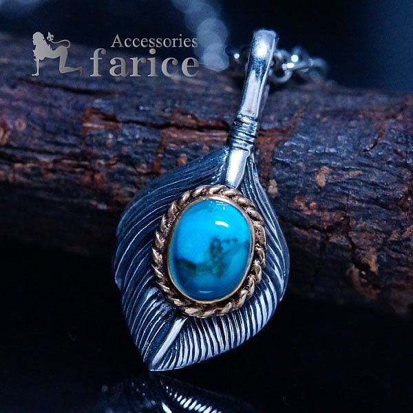 天然石 ターコイズ＆ブラスゴールド縄目縁取り装飾 ハートフェザー(鷲の胸羽) メンズ＆レディース インディアンジュエリー シルバー925 ペンダント ネックレス