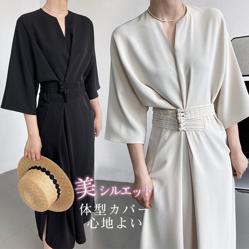 ワンピース レディース 7分袖 ロング丈 夏 体型カバー ゆったり 通勤 きれいめ ビジネス フォーマル 上品 無地 40代 50代 母の日 新作