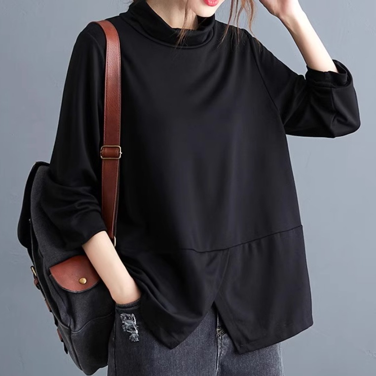 レディース トップス プルオーバー 長袖 萌袖 ハイネック ワイド 切り替え 伸縮性 かわいい 大人可愛い シンプル カジュアル おしゃれ レトロ こなれ感 ラフ ガーリー ルーズ 個性的 クール