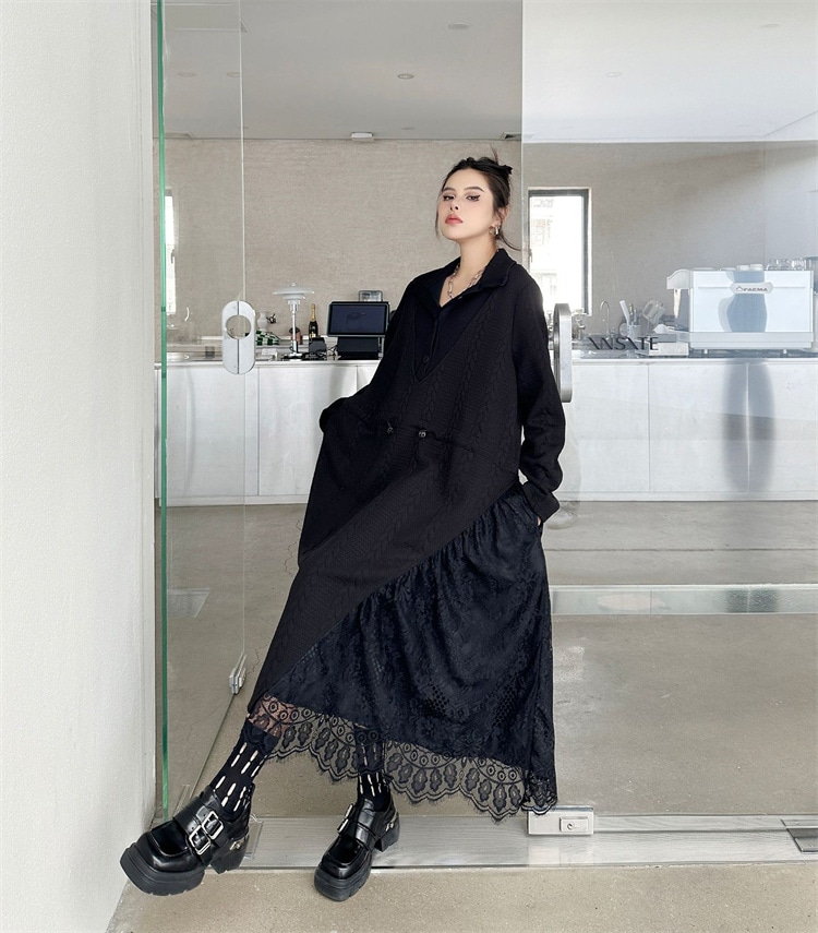 早い者勝ち ロングスカート 詰め襟 長袖 つなぎレース ワンピース ゆったりする 2025春 スリム おしゃれ カジュアル レトロ