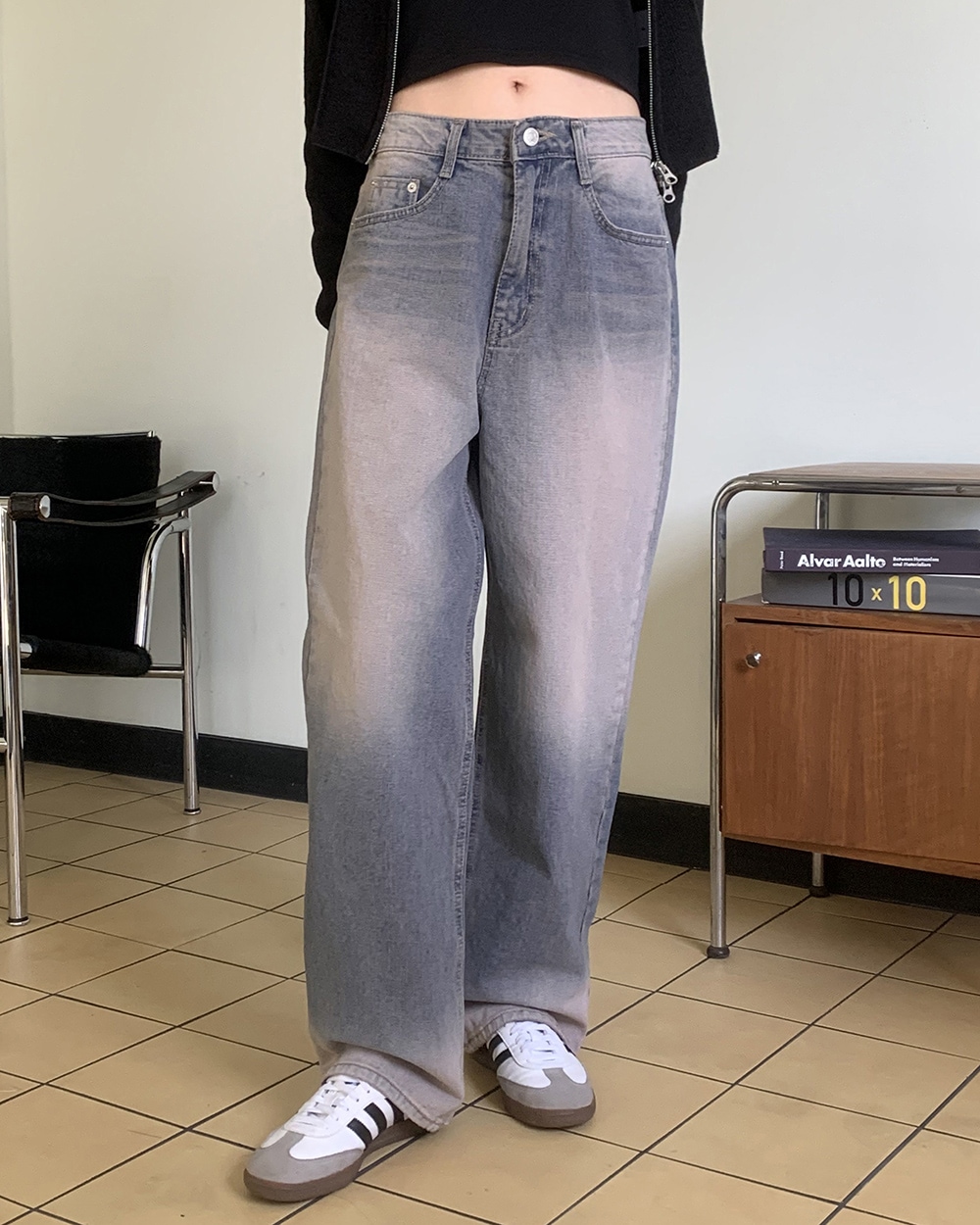 バイダンユニークウォッシングキューブ裾サンドワイドデニムパンツ