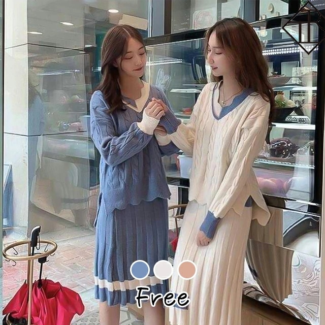 【即納】セットアップ レディース 秋冬 セットアップ ニット スカート プリーツ セットアップ カジュアル ワンピース レディース バイカラー ラインデザイン レディース トップス 長袖 秋冬 新作