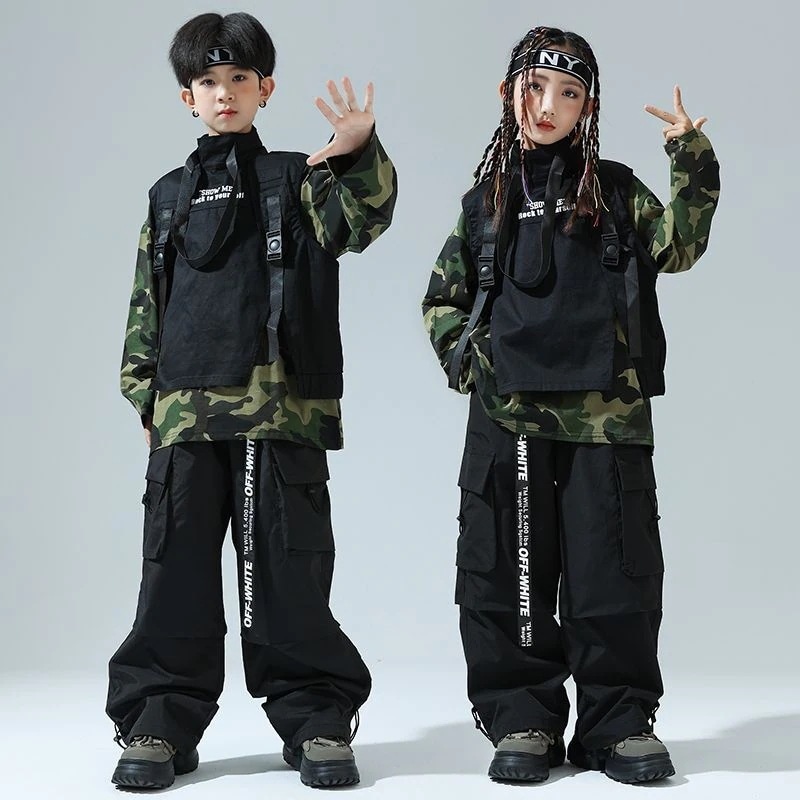 ストリートダンス少服ヒップホップ迷彩tシャツ女の子ジャズダンス工装ズボンセット男の子Bboy表演出服1572