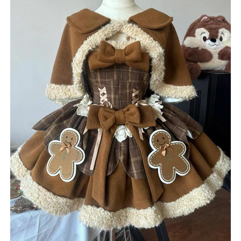 女性用スイートクリスマスロリータセット秋冬パッチワークケープコート蝶ネクタイサスペンダードレスツーピースセット