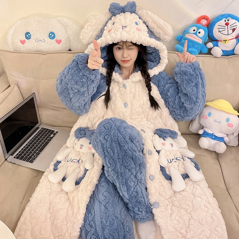 玉桂犬パジャマ女性冬珊瑚絨毯挟み綿長スリーパー中学生女の子大童三層厚手綿入れ