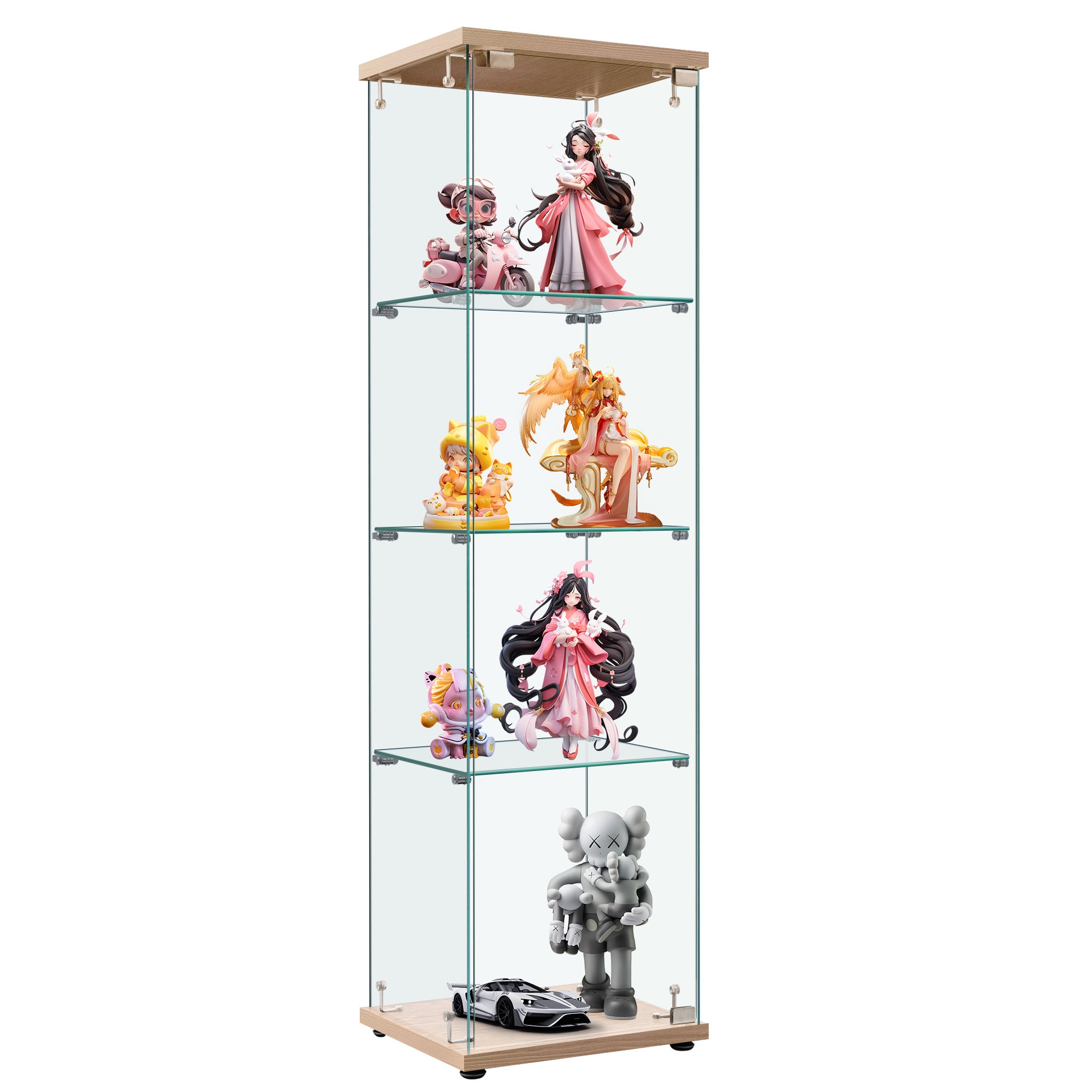 コレクションケース ガラスディスプレイキャビネット フィギュアケース 4段 ナチュラル 強化ガラス 全面ガラス サイズ:幅42.5×奥行36.5×高さ162cm