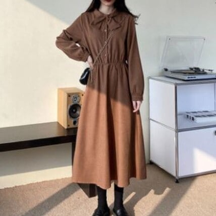 2色 レトロ風 ワンピース 長袖 春 秋 冬 きれいめ カジュアル かわいい フォーマル aライン シャツワンピース Aライン フレア ワンピドレス ミモレ ミモレ丈 ロング ロング丈 7分丈 ぽわん
