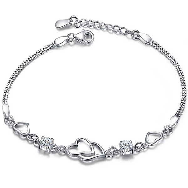 ブレスレット レディース 2粒 ハートモチーフ ハート プレゼント 女性 シルバー プラチナ仕上 アクセサリー 華奢 シルバー925 女性 妻 嫁 娘 母 ギフトラッピング対応 agesugi_sfa