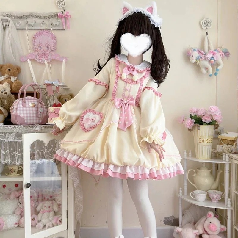 ロリータドレス【ハニーラビット】オリジナルデザインロリータ洋装甘可愛い長袖OP花柄ワンピース和服コスチュームコスチューム