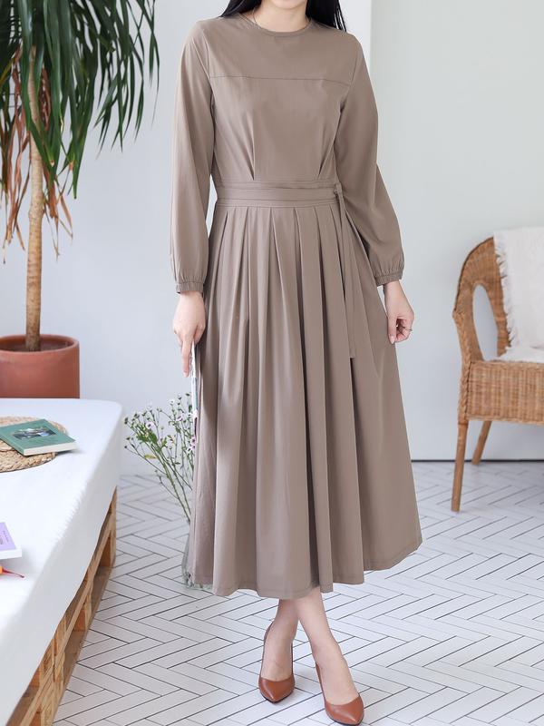 長袖ウエストピンタックプリーツベルトポケットワンピース