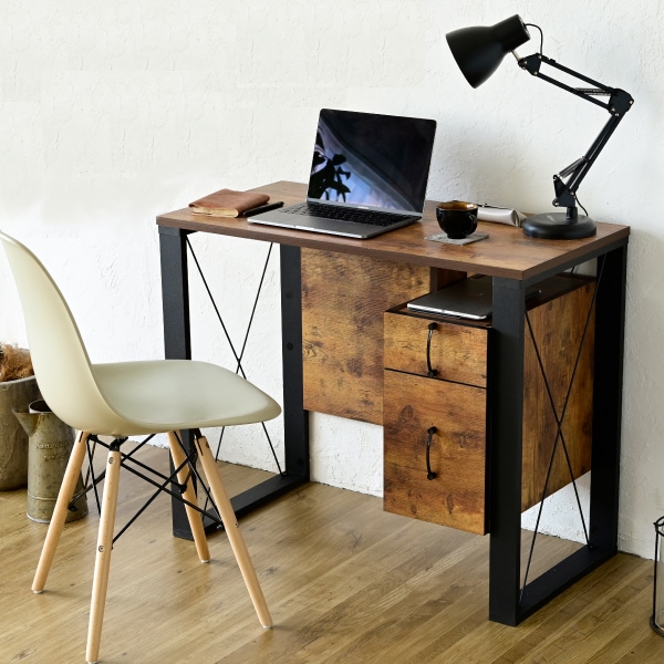 書斎 デスク ワークデスク おしゃれ 木製 アンティーク モダン チェスト 引き出し 黒 幅90 奥