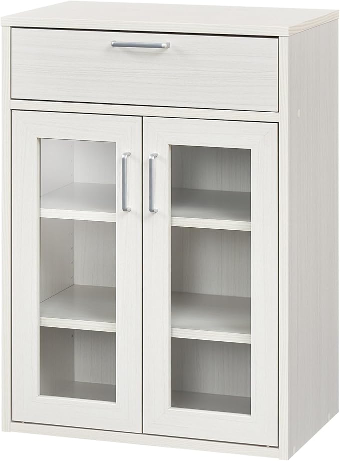 食器棚 カップボード キッチン収納 ガラスキャビネット 同シリーズで組み合わせ自由自在 一人暮らしの部屋や狭いスペースにぴったりサイズ ホワイト 白木目 ベーシックデザイン 幅56.6×奥行35.5×